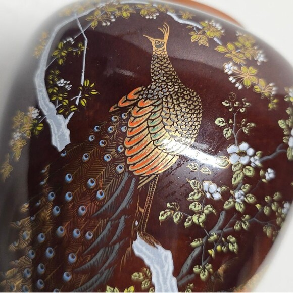 Vintage Japanese Peacock Theme Brown Vase - Picture 2 of 8